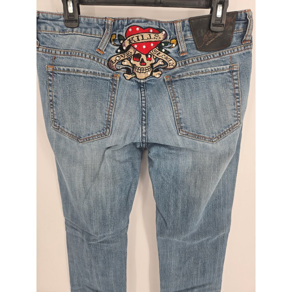 Ed Hardy Vintage Skull Heart Embroidered Jeans Women's 31 (Measures 33)